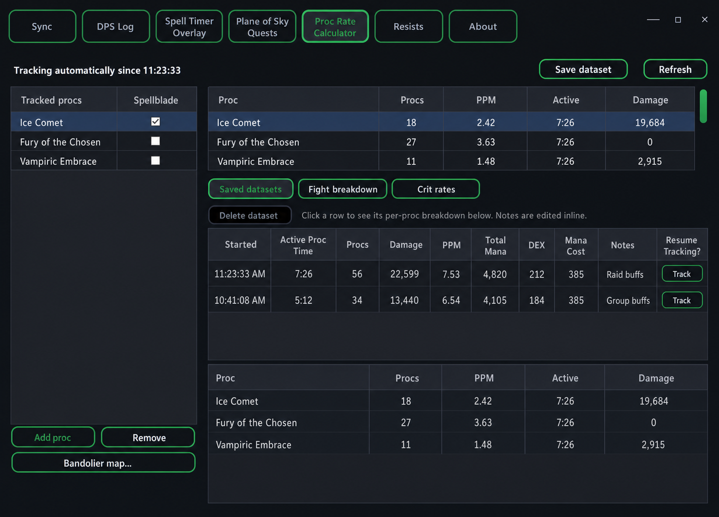Loadout Legends Proc Rate Calculator with populated live and saved proc data