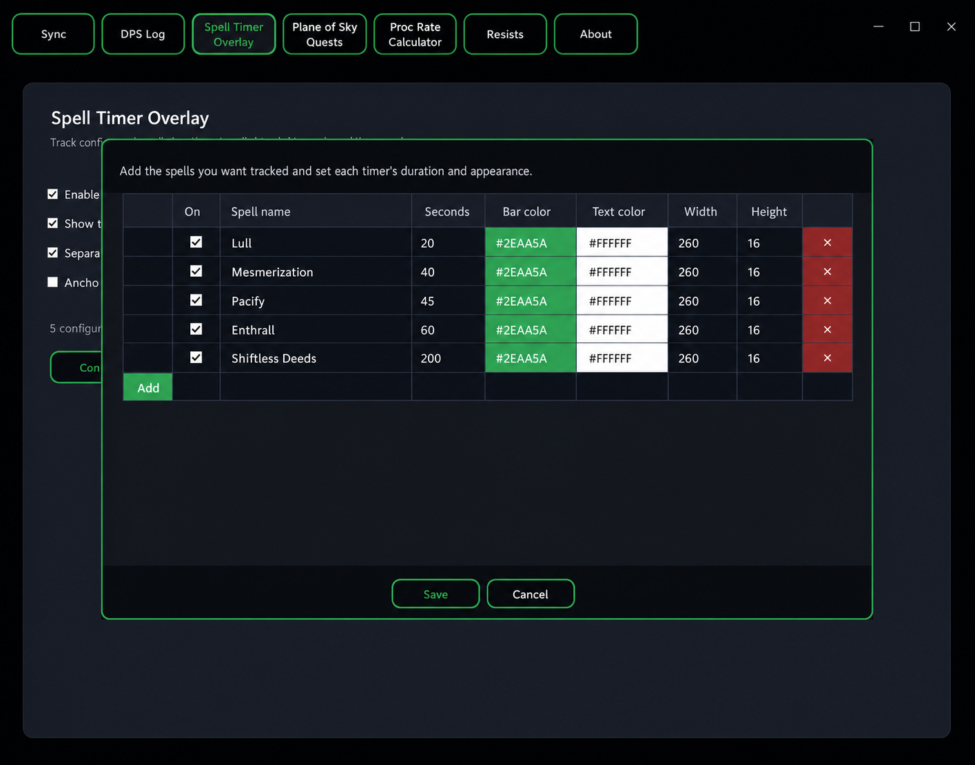 Loadout Legends Spell Timer Overlay configuration with custom spell durations and colors
